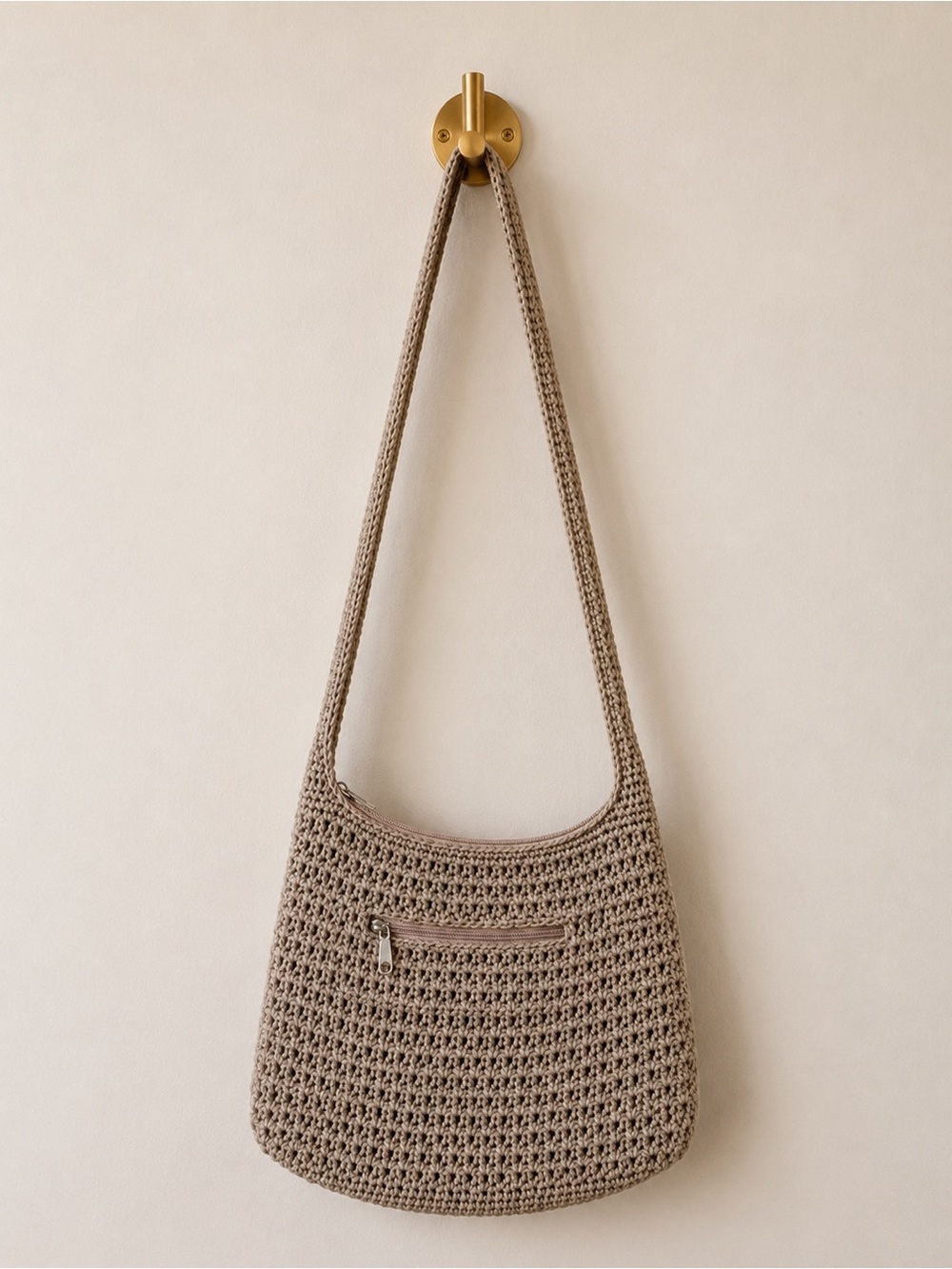 The Sak Beige Crochet Woven Hobo Shoulder Bag Boho Zip Top Purse